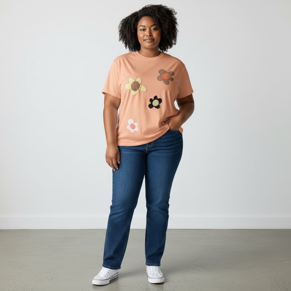 KATE SANDO Scattered Flower Wide Tee Pink/Peach Cotton Oversized Tee Large